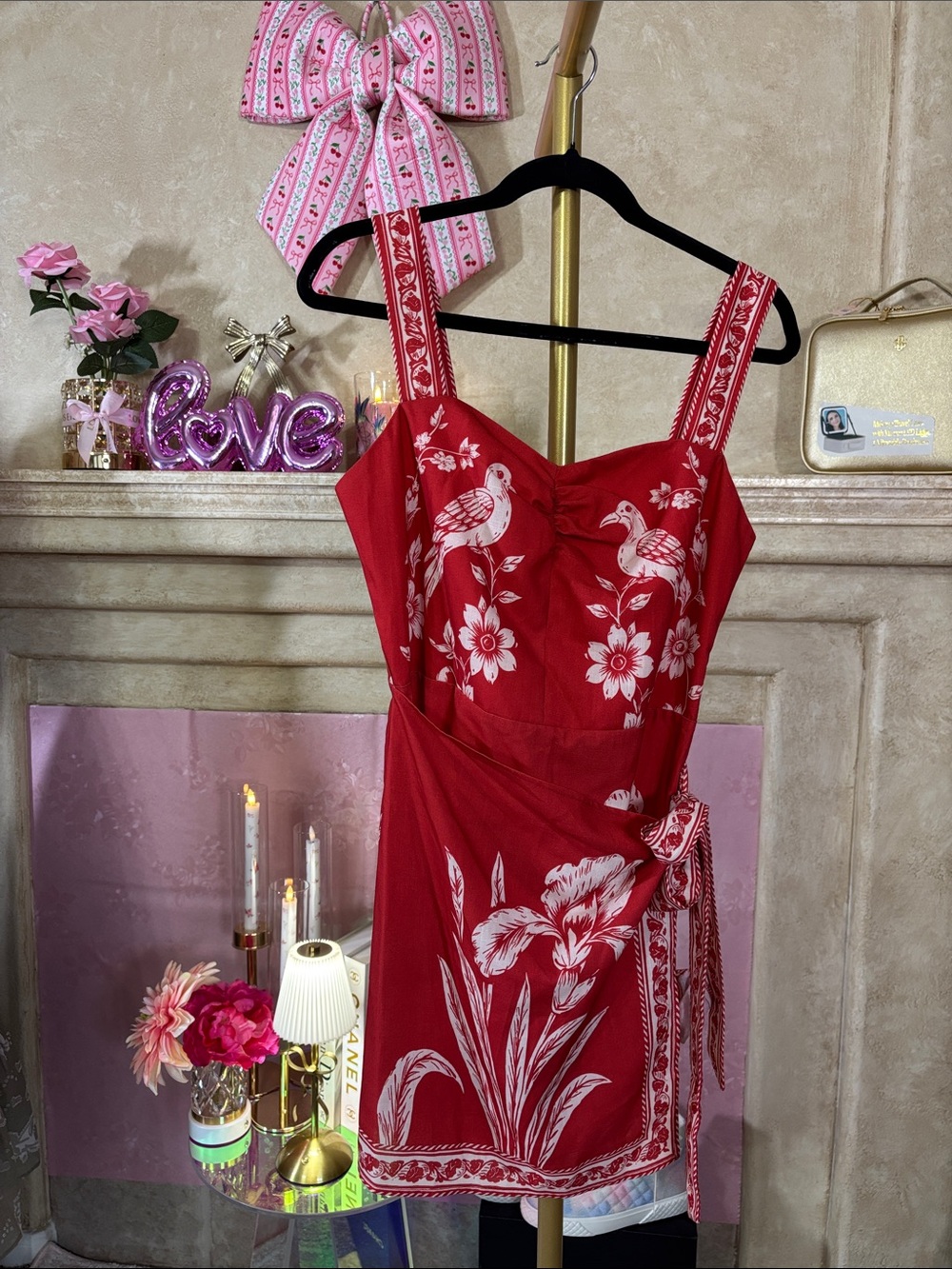 138. Commense L Floral Bird Print Wrap Tie Mini Dress